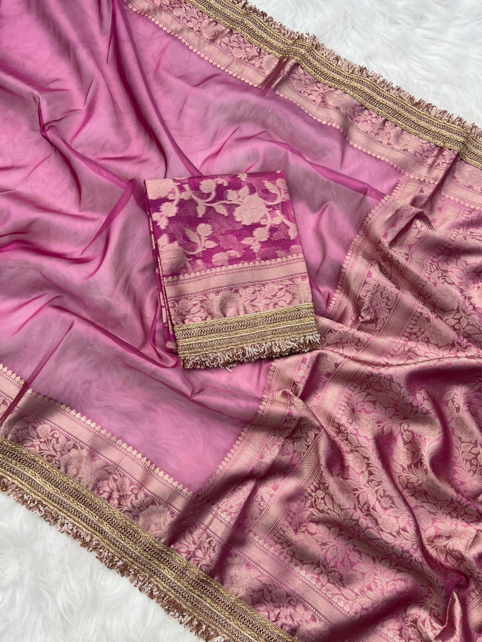 LILAC TISSUE KATHBAN SAREE WITH LACE BORDER