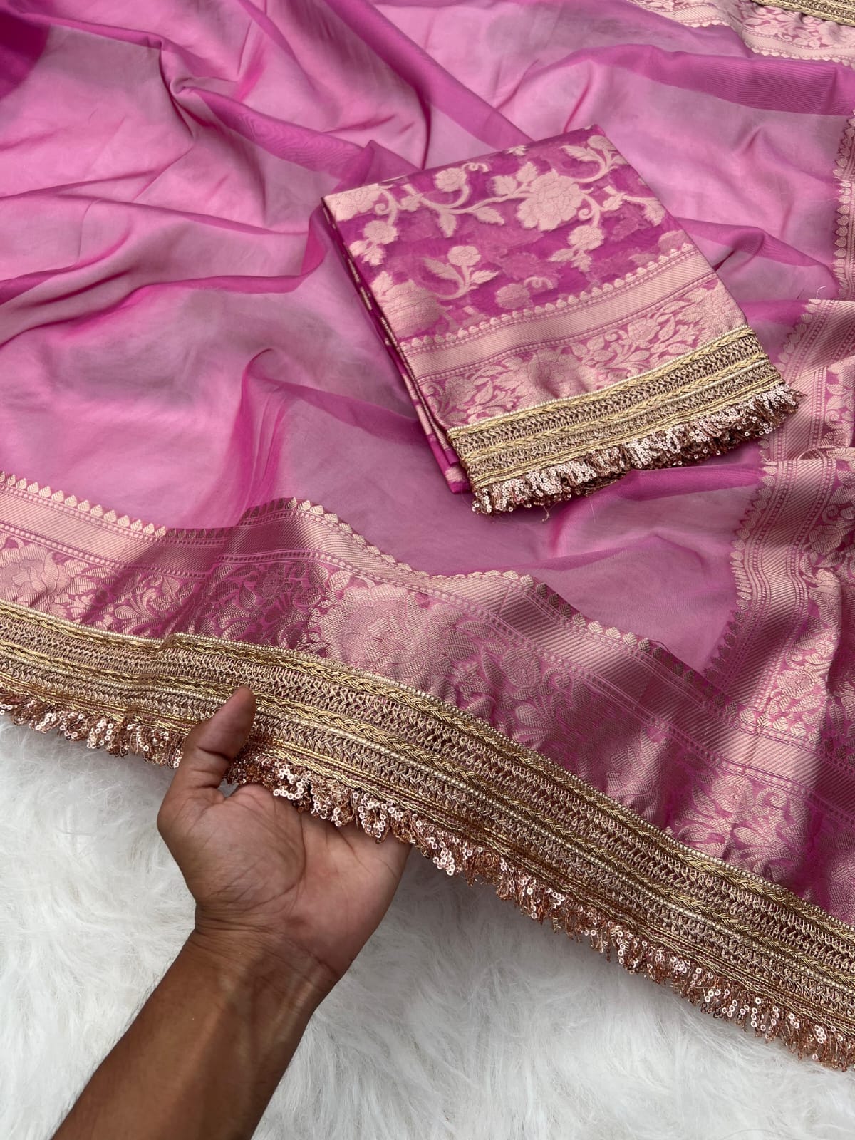 LILAC TISSUE KATHBAN SAREE WITH LACE BORDER