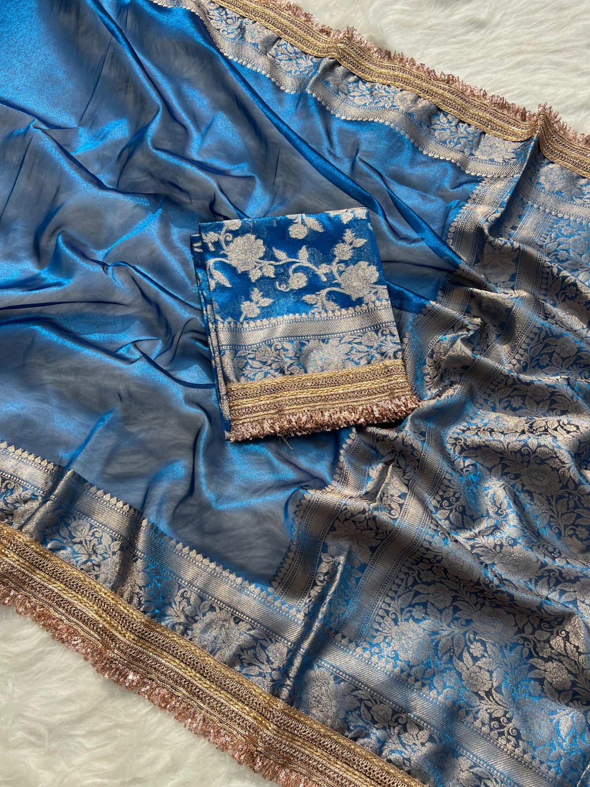 NAVY BLUE TISSUE KATHBAN SAREE WITH LACE BORDER