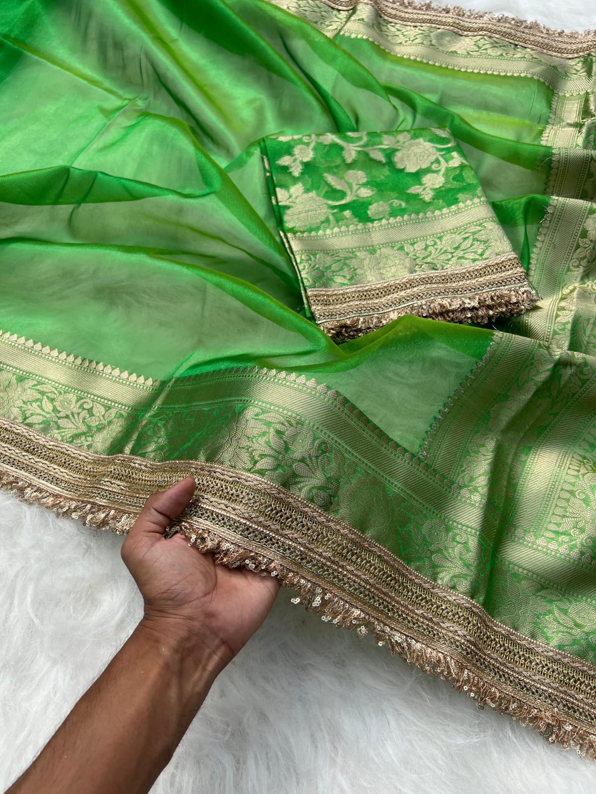 GREEN TISSUE KATHBAN SAREE WITH LACE BORDER