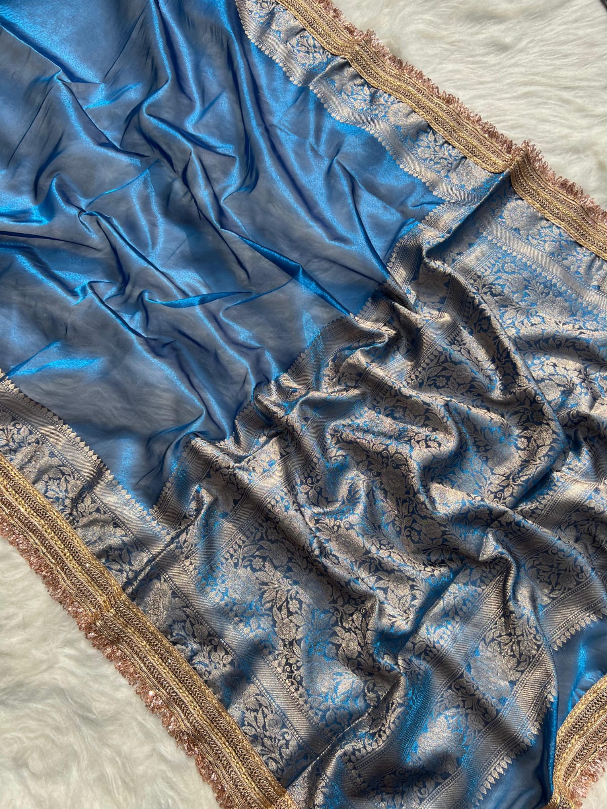 NAVY BLUE TISSUE KATHBAN SAREE WITH LACE BORDER