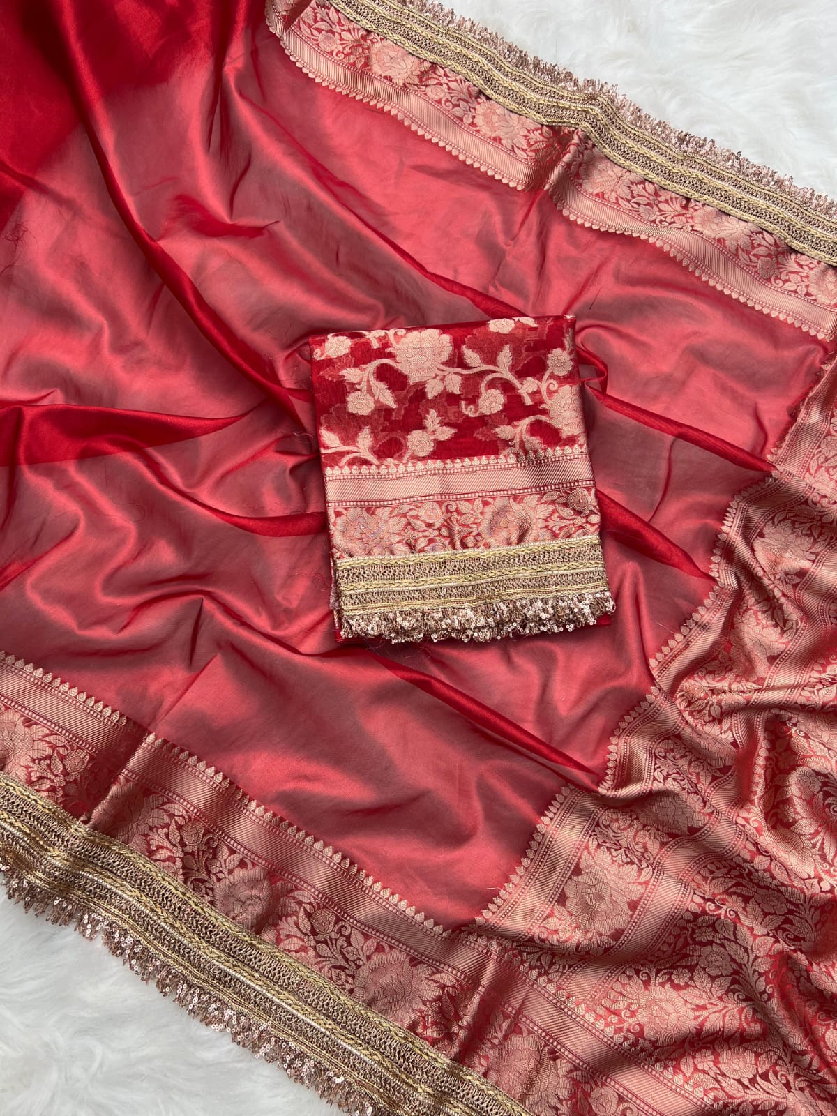 RED TISSUE KATHBAN SAREE WITH LACE BORDER