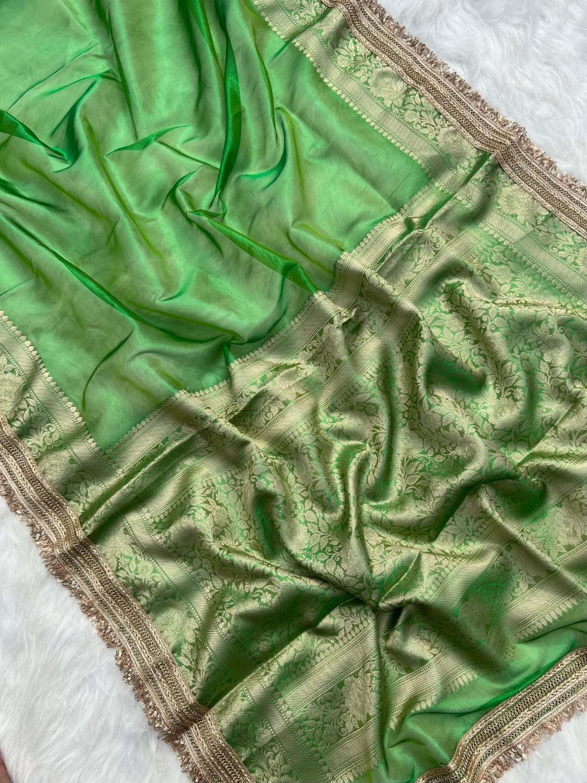 GREEN TISSUE KATHBAN SAREE WITH LACE BORDER