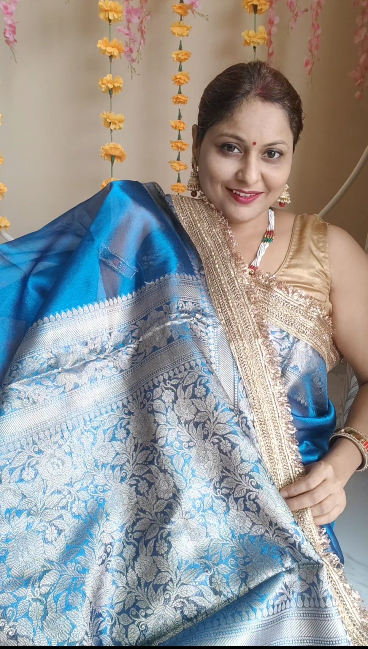 NAVY BLUE TISSUE KATHBAN SAREE WITH LACE BORDER