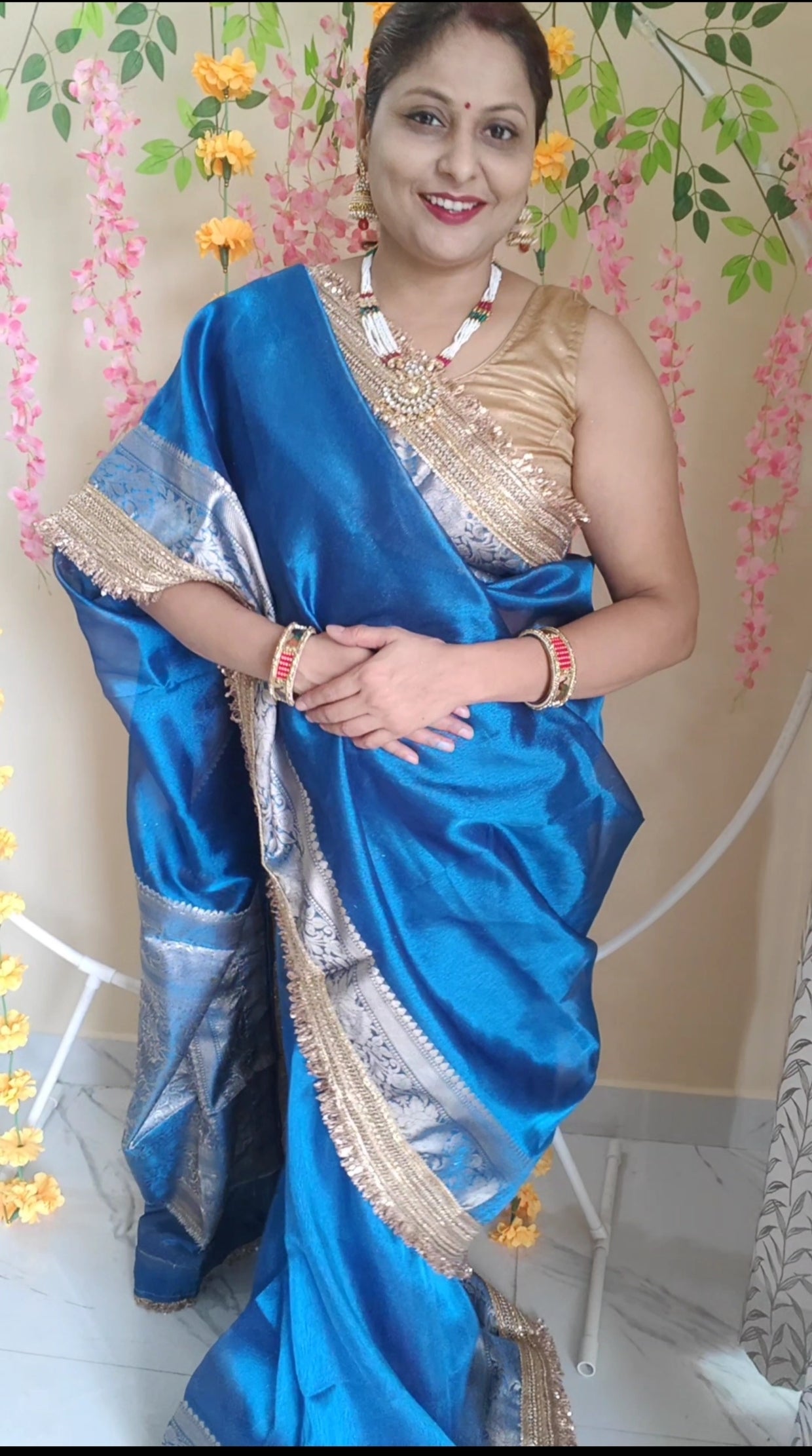 NAVY BLUE TISSUE KATHBAN SAREE WITH LACE BORDER