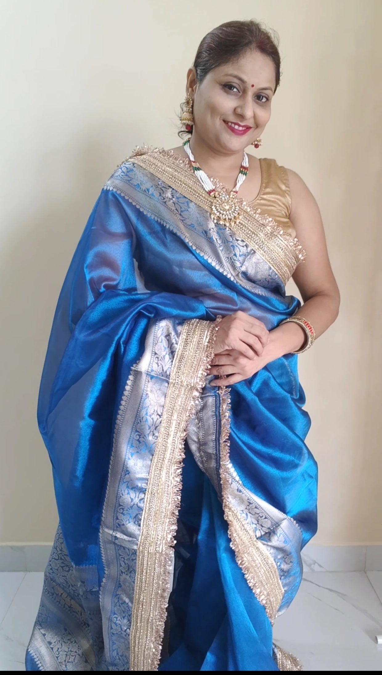 NAVY BLUE TISSUE KATHBAN SAREE WITH LACE BORDER