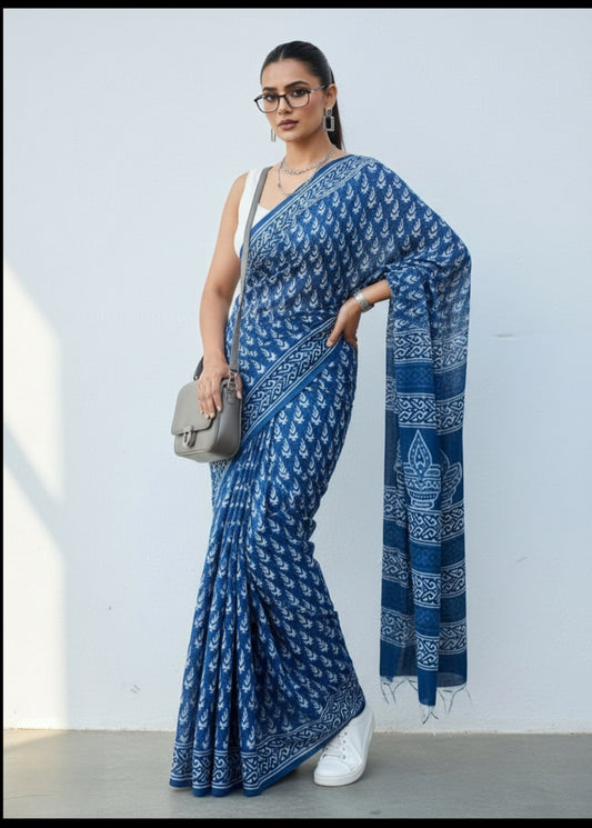 INDIGO BAGRU LEAF PRINT COTTON SAREE