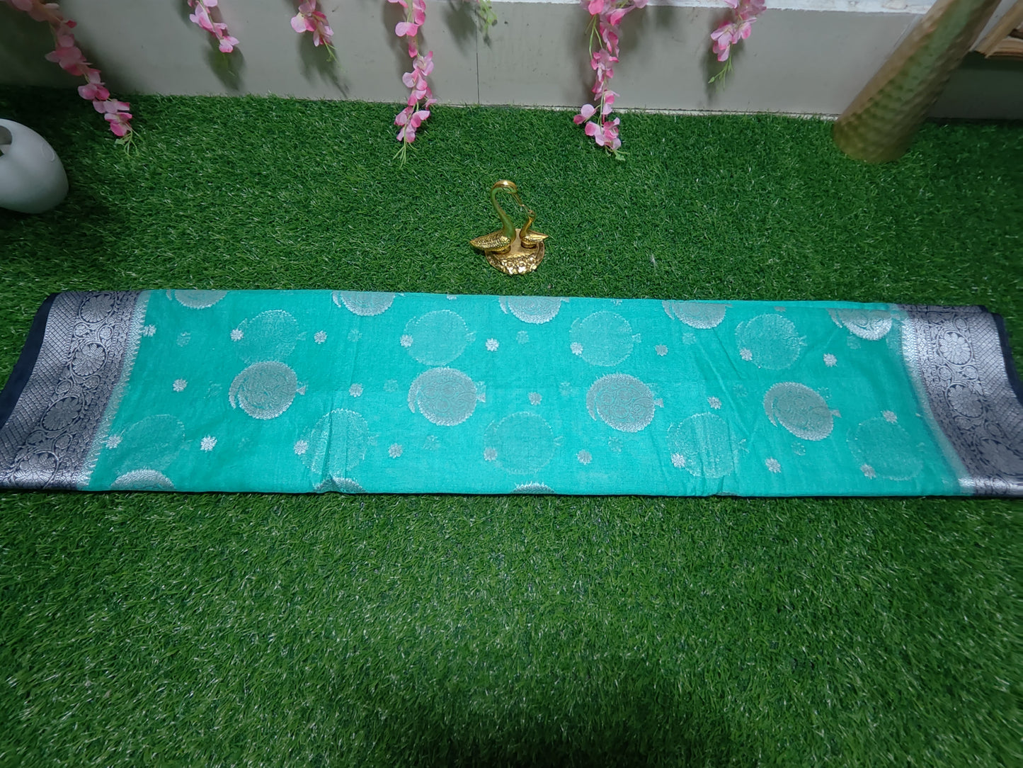 LIGHT GREEN SEMI GEORGETTE SAREE WITH SILVER BUTTA