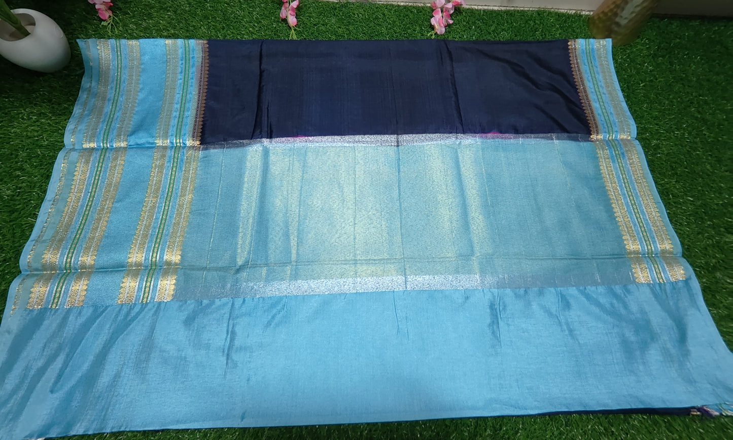 NAVY BLUE PLAIN SEMI CHINIYA KATAN WITH KANCHI BORDER