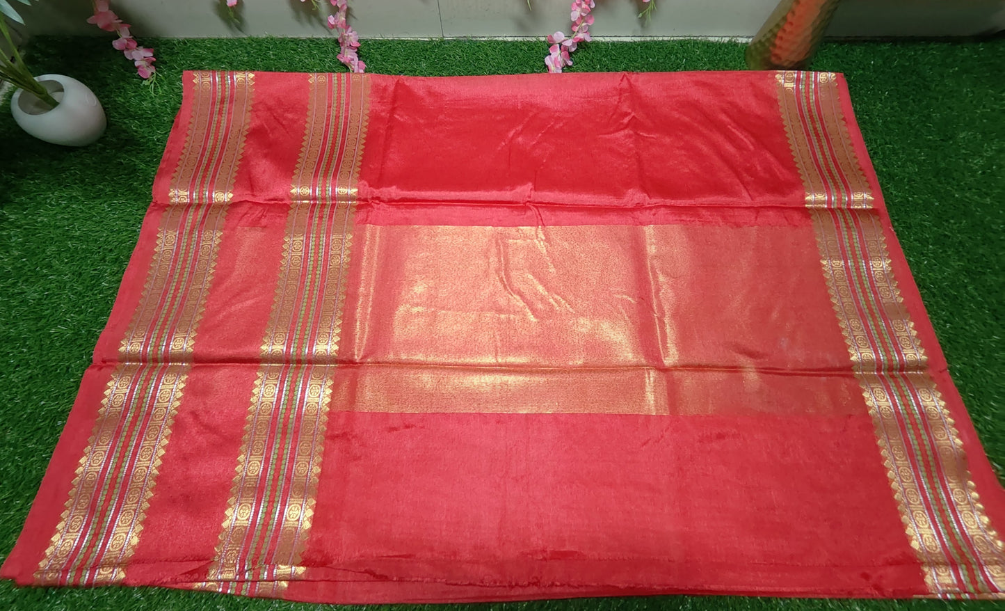 PEACH SEMI CHINIYA KATAN SILK SAREE WITH KANCHI BORDER