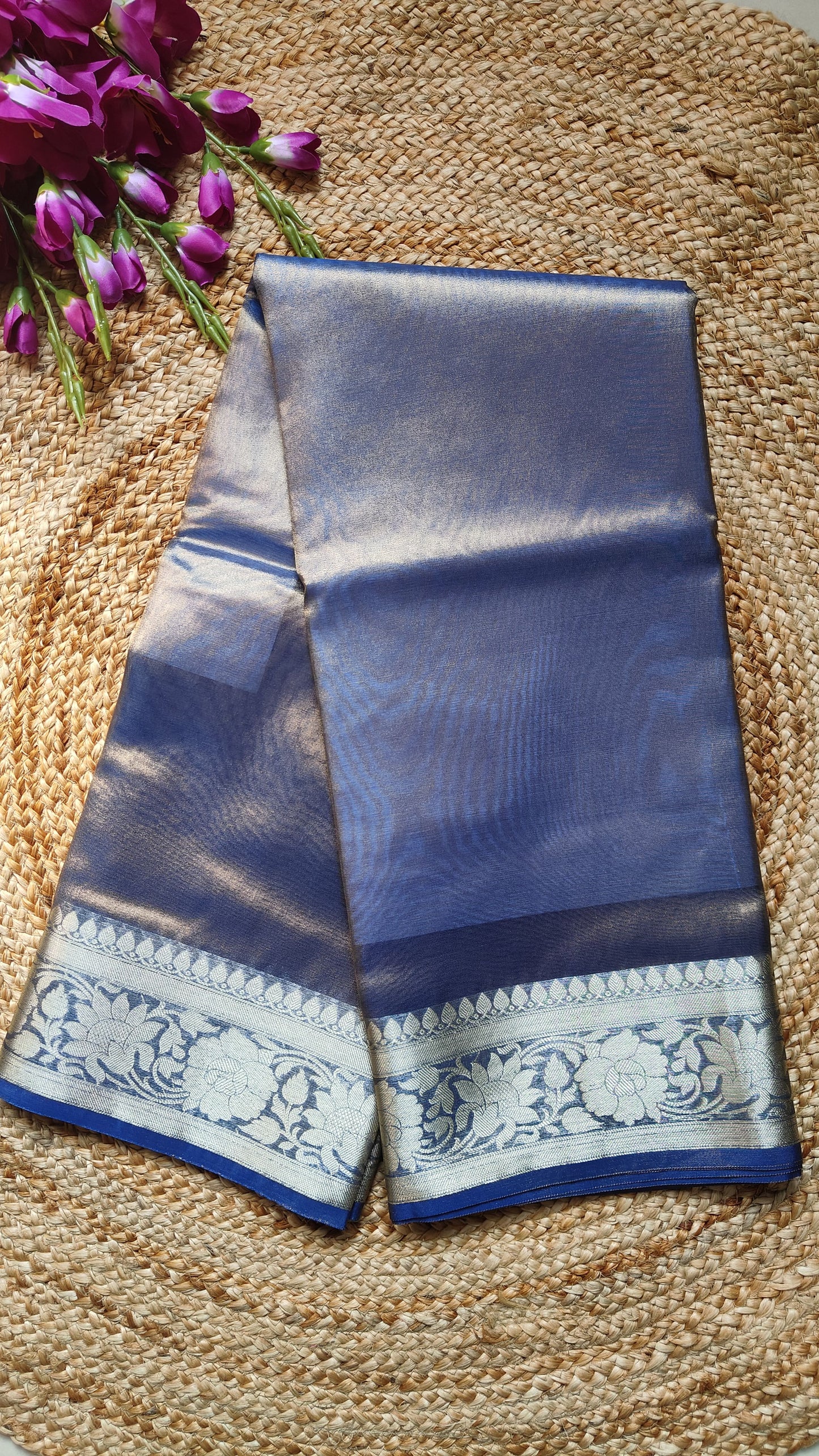 BLUE TISSUE SILK SAREE WITH ZARI WEAVED BORDER