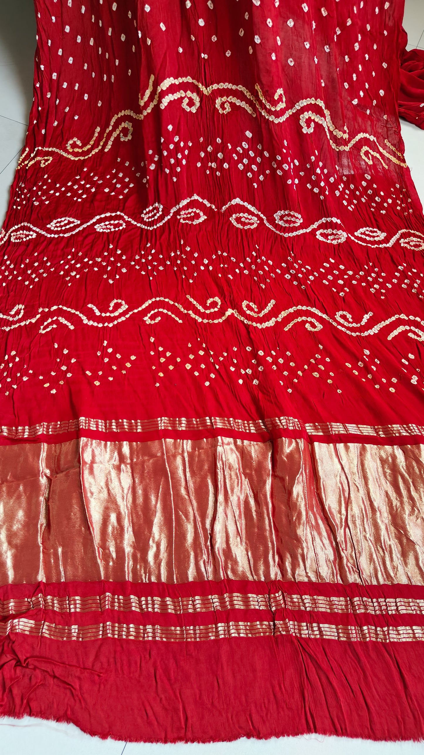 RED GAJJI SILK WITH HANDMADE BANDHNI PRINT