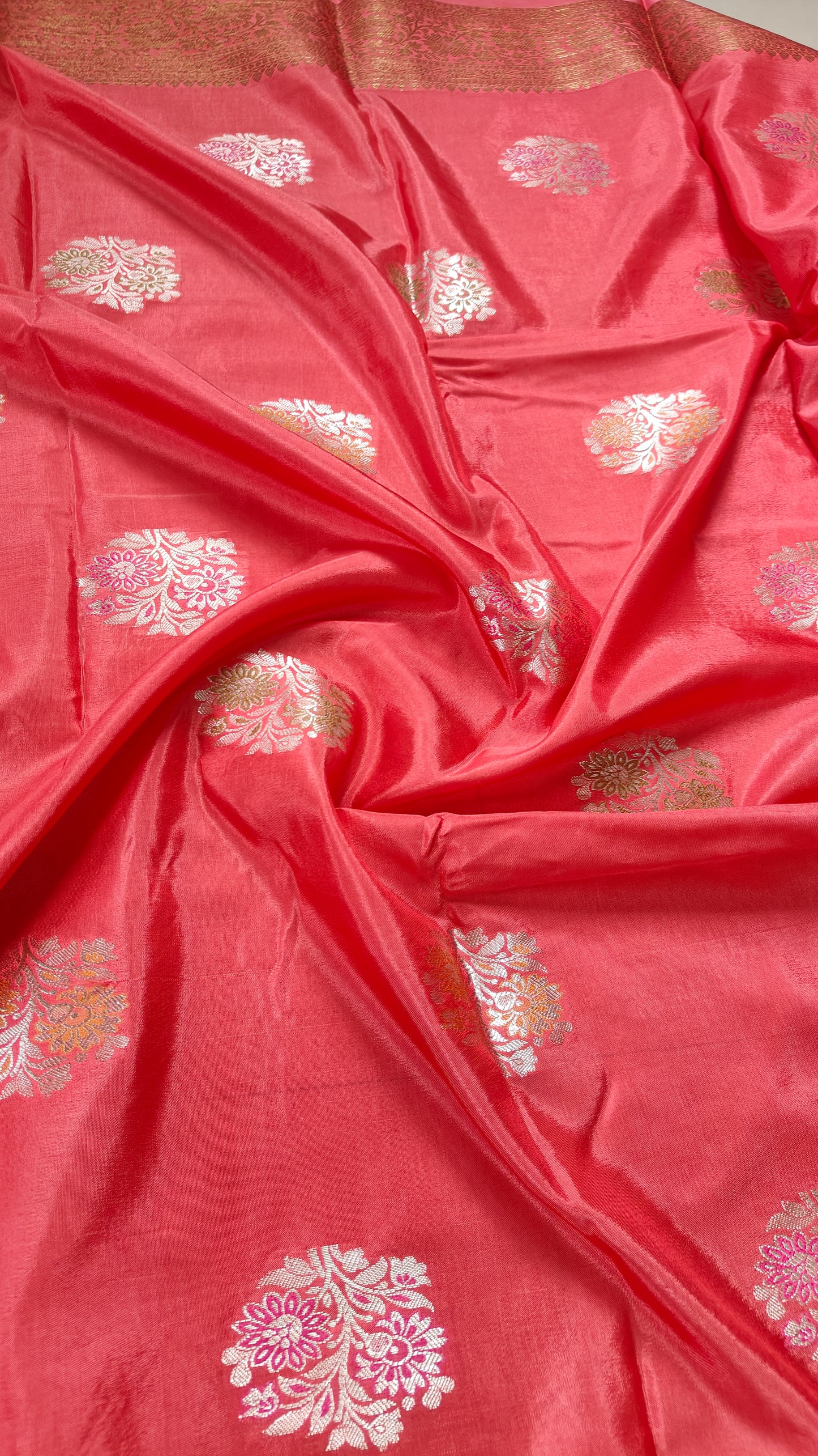 PEACH PINK DUPIAN SILK WITH MEENA BUTTA