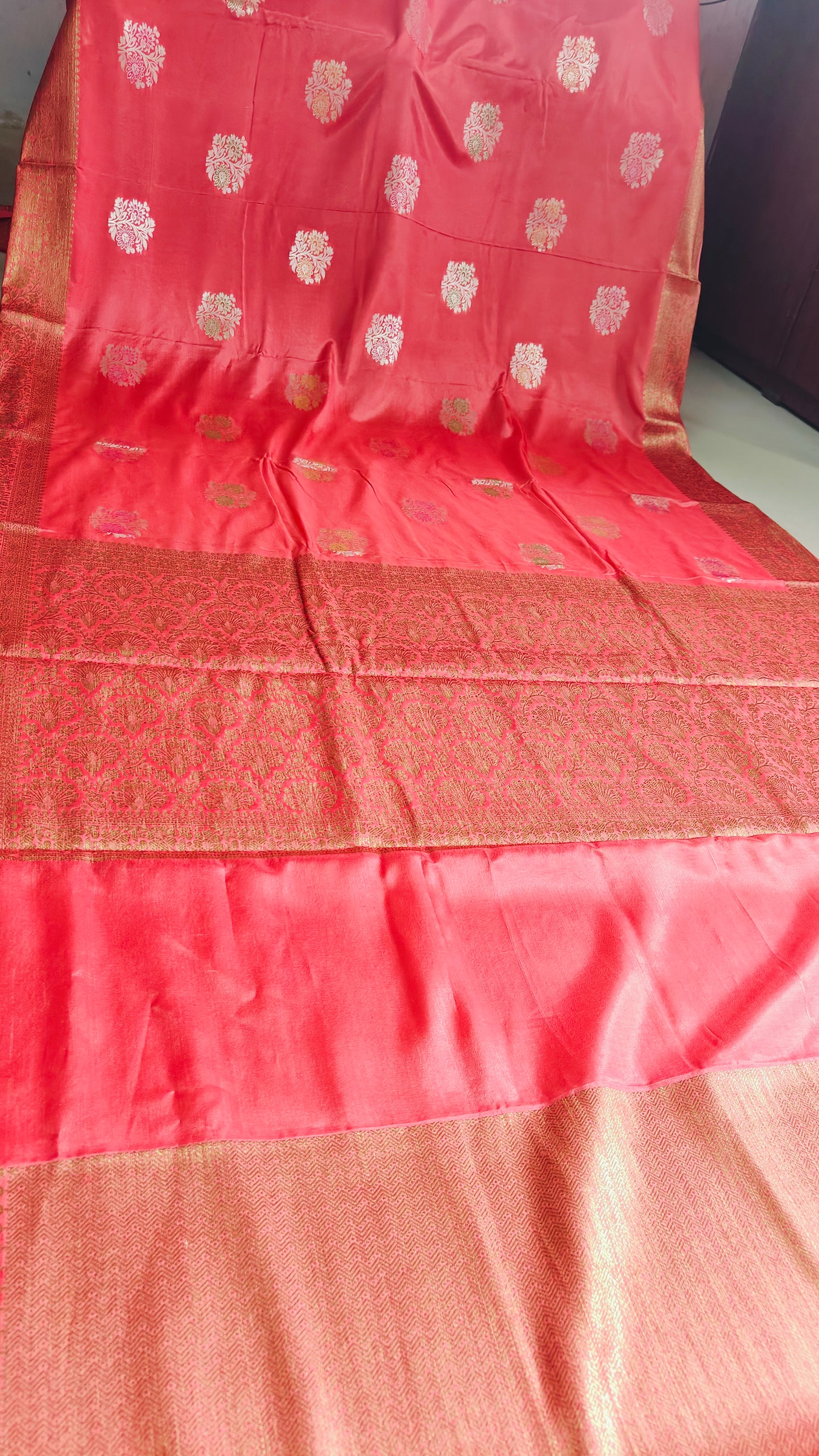 PEACH PINK DUPIAN SILK WITH MEENA BUTTA
