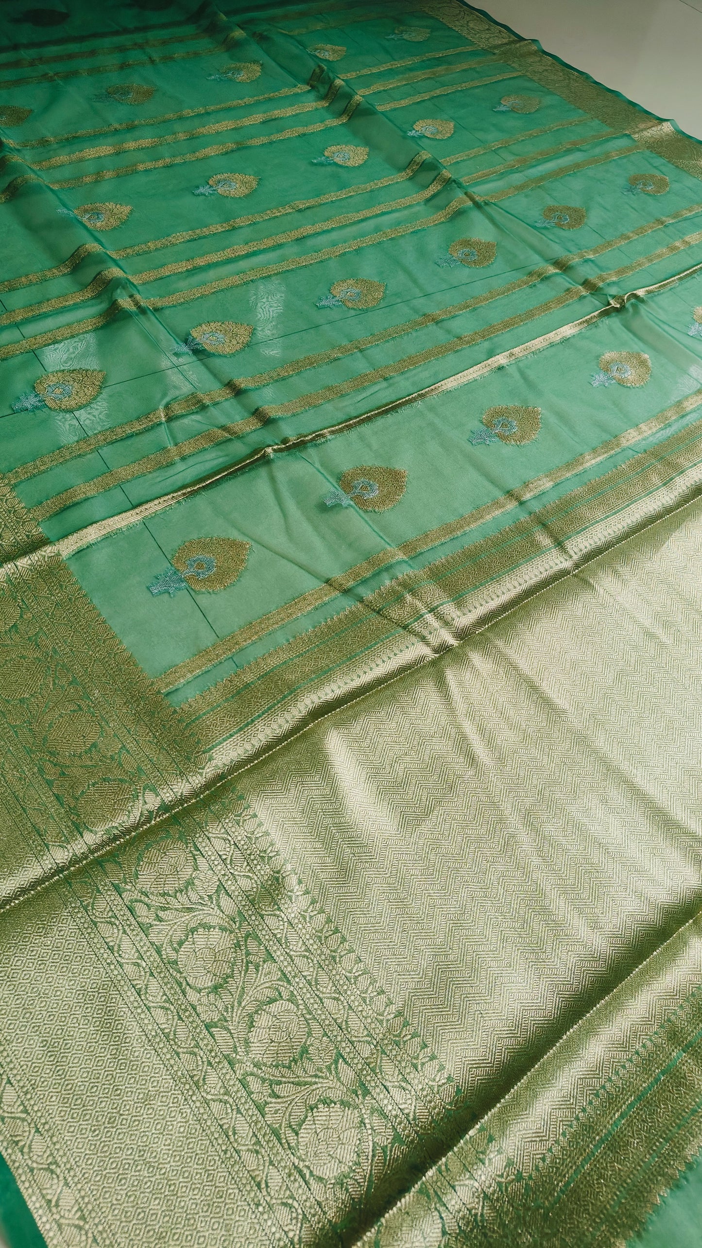 PISTA GREEN ZARI STRIPS SEMI KORA ORGANZA SAREE