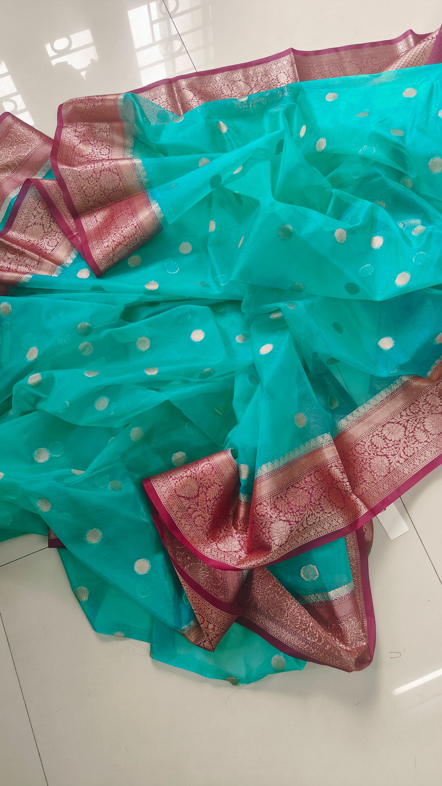 SEA GREEN SEMI KORA ORGANZA SILVER ZARI BUTTA