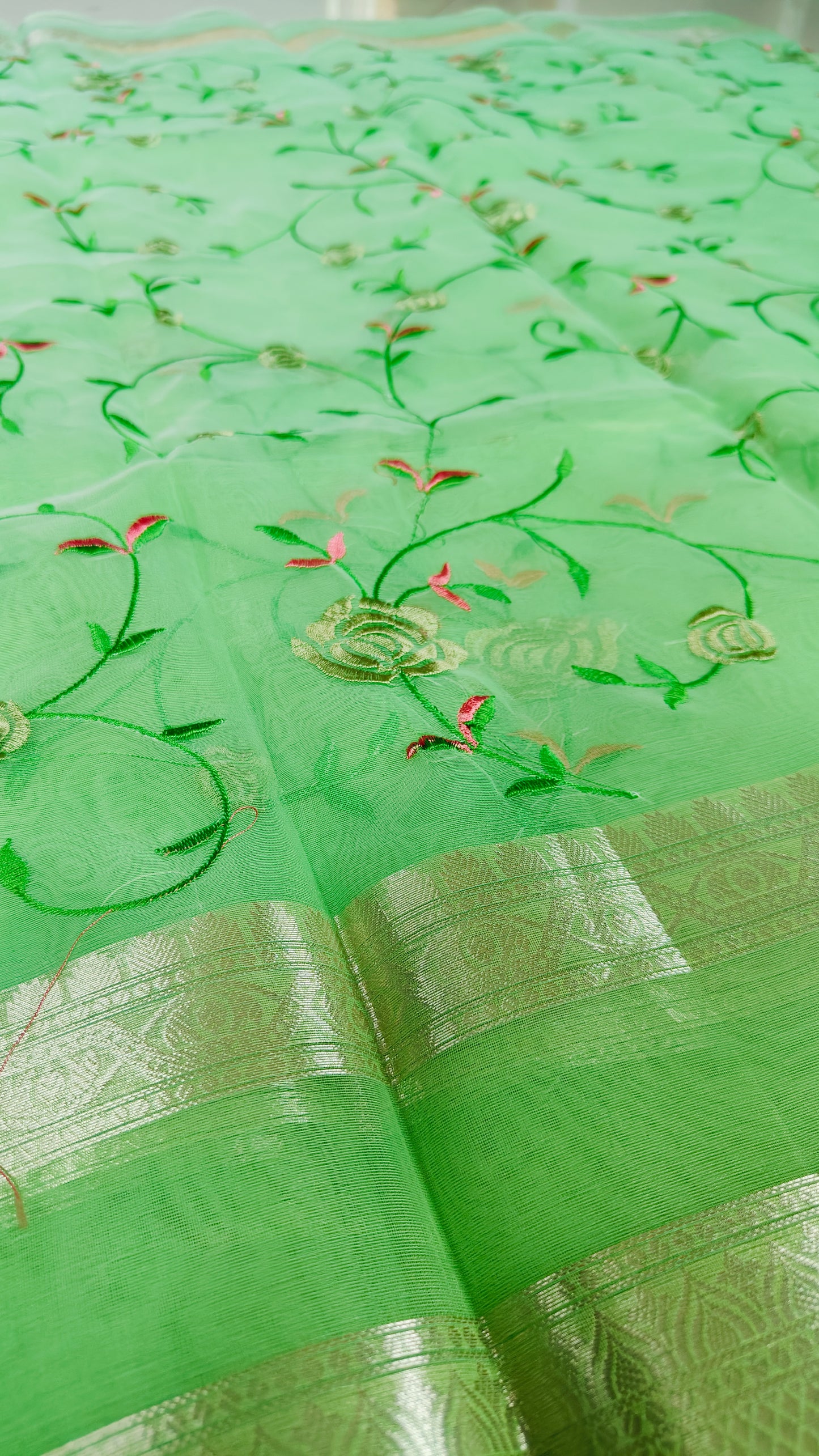 LIGHT GREEN RESHAM EMBRIODERD SAREE