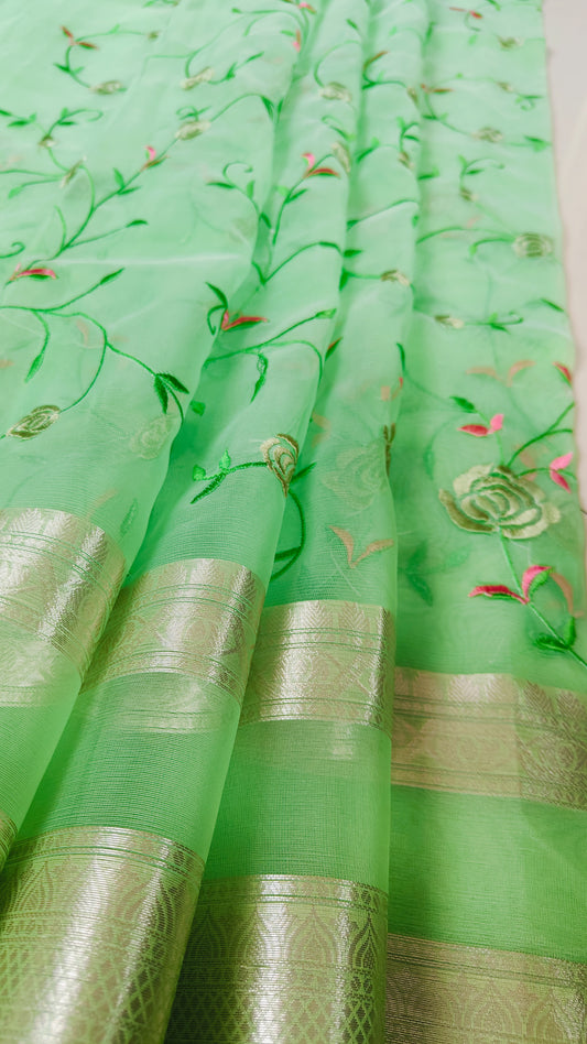 LIGHT GREEN RESHAM EMBRIODERD SAREE