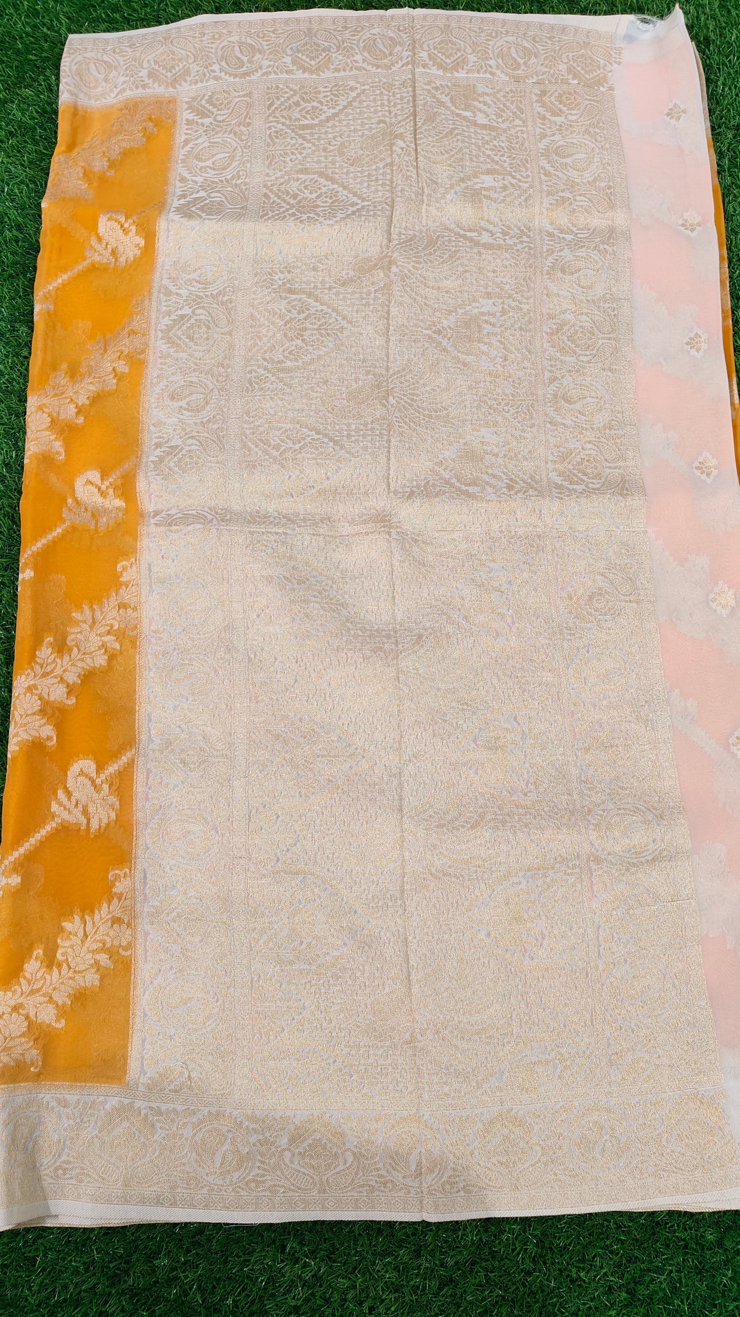 YELLOW KHADDI GEORGETTE SAREE WITH SHIKARGAH MOTIF