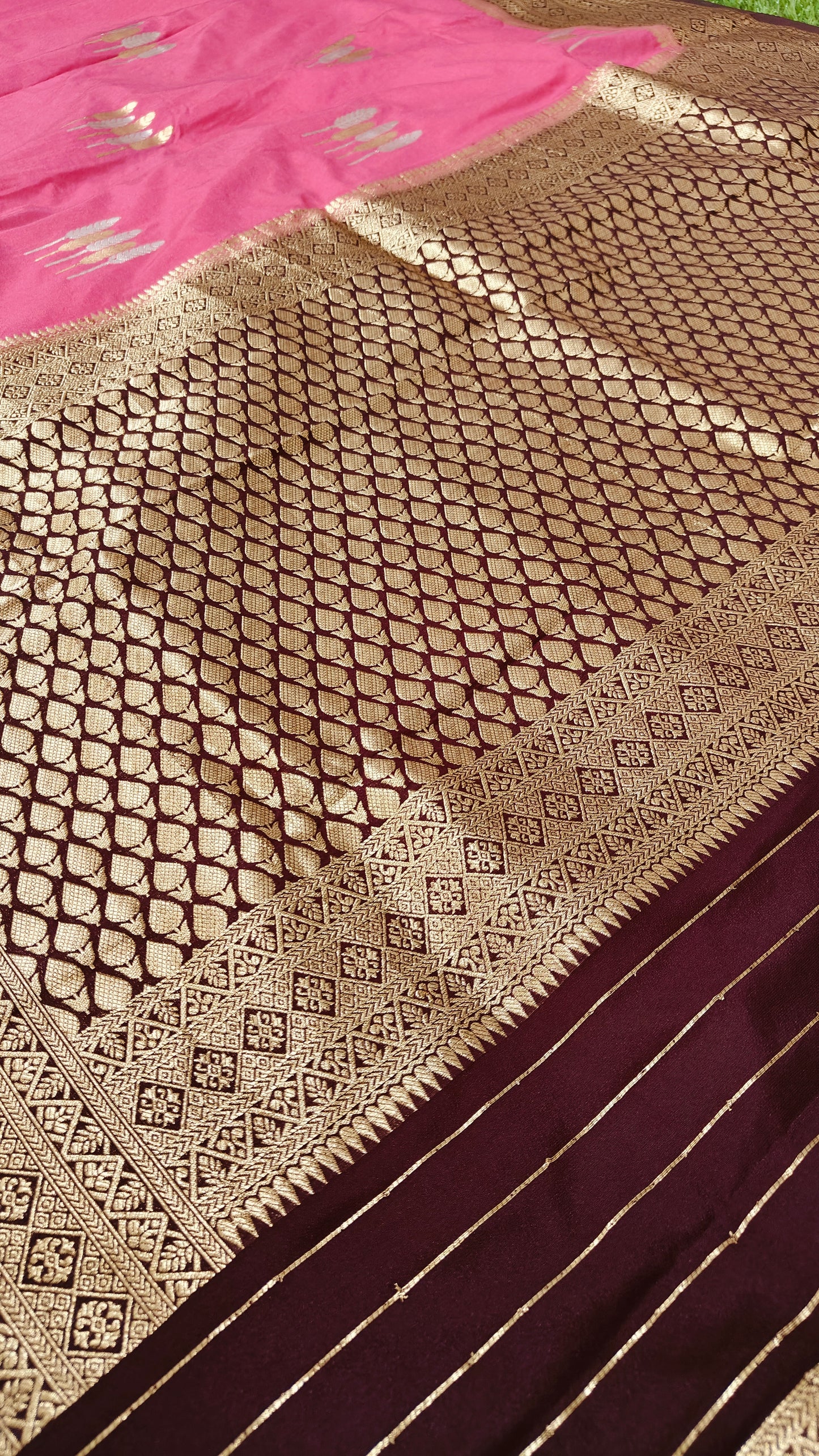 CRAPE SILK SAREE WITH SONA RUPA ZARI AND LEAF BUTTA