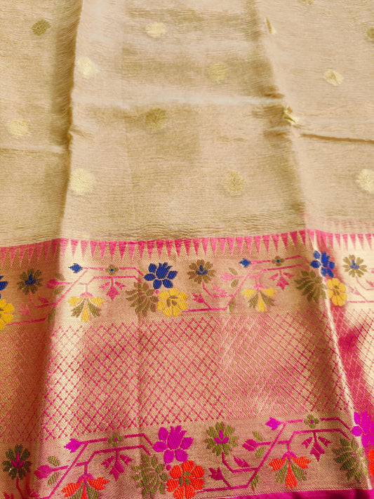 BEIGE COLOR CRUSHED TISSUE PAITHANI BORDER
