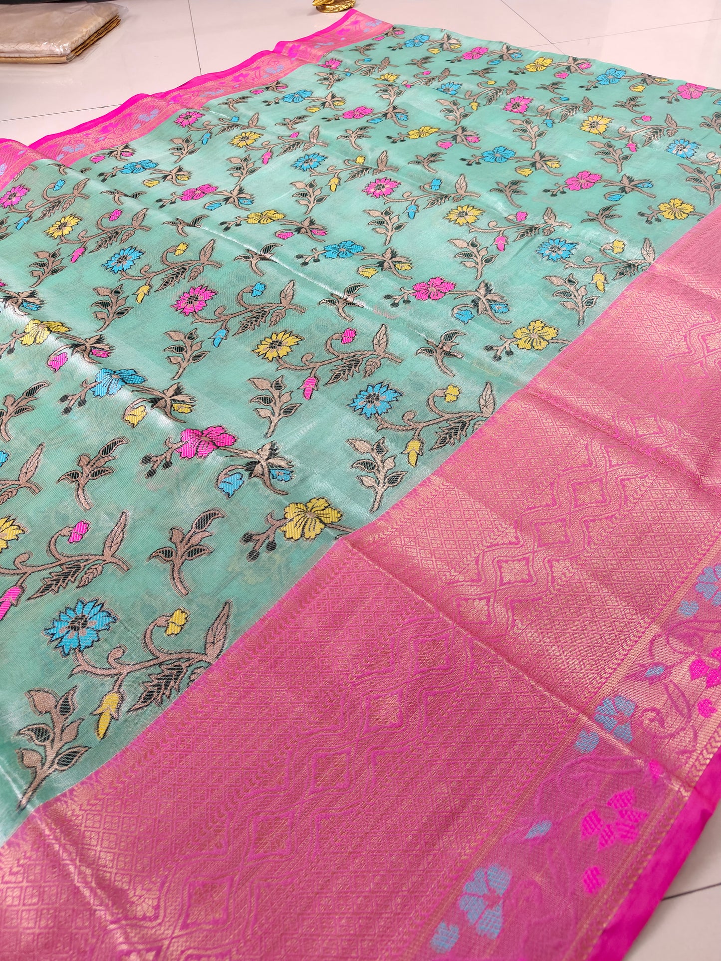 GREEN SOFT TISSUE SILK SAREE WITH MEENA