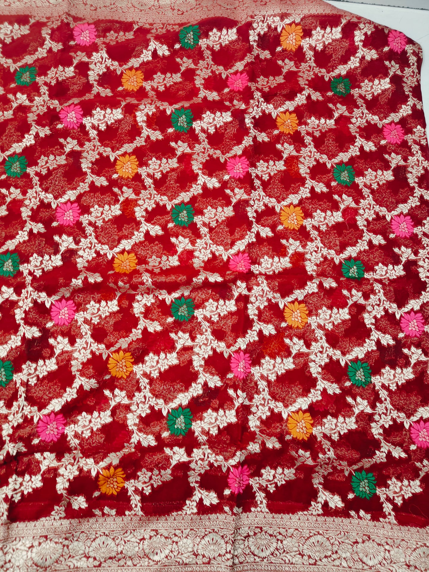 RED KHADDI GEORGETTE WITH MEENA ZARI JAAL
