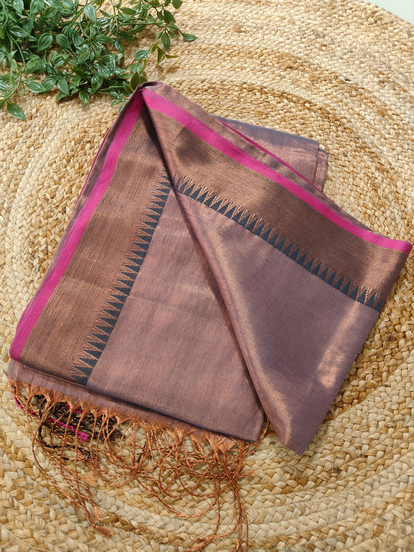 ROSE GOLD RAGA TISSUE LINEN SAREE WITH BORDER
