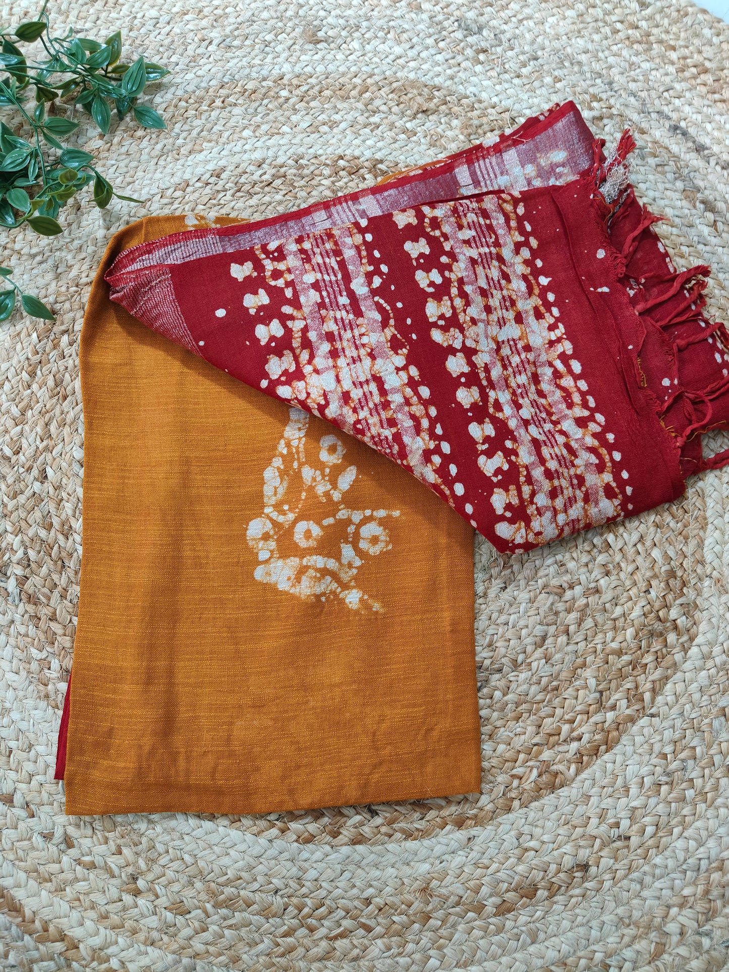 ORANGE KHADI COTTON SAREE WITH BATIK PRINTED