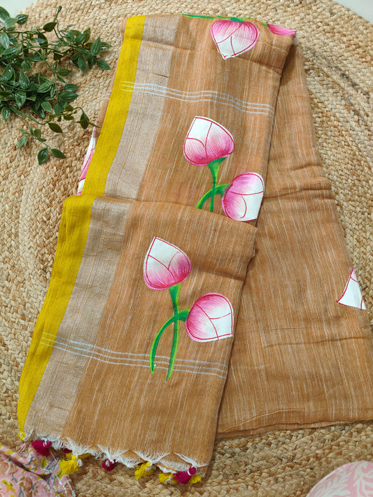 COFEE BROWN COTTON HANDPRINTED SAREE