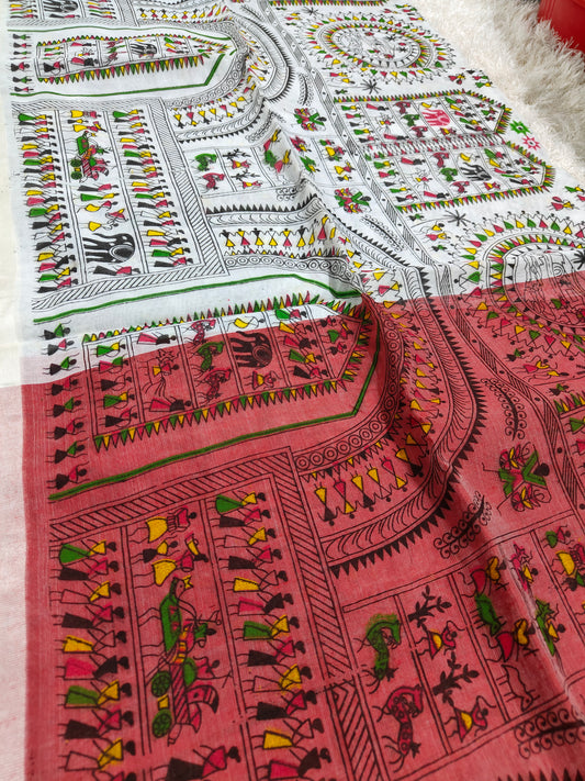 0FF WHITE BANGAL COTTON SILK SAREE WITH MANDALA PRINT