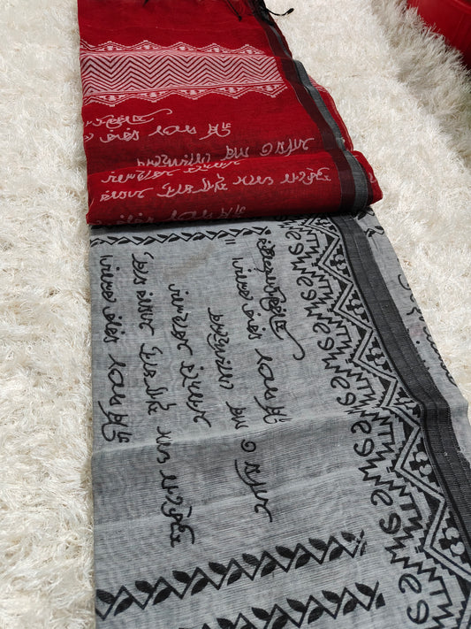 GREY BANGAL COTTON SILK SAREE WITH BLOCK PRINT