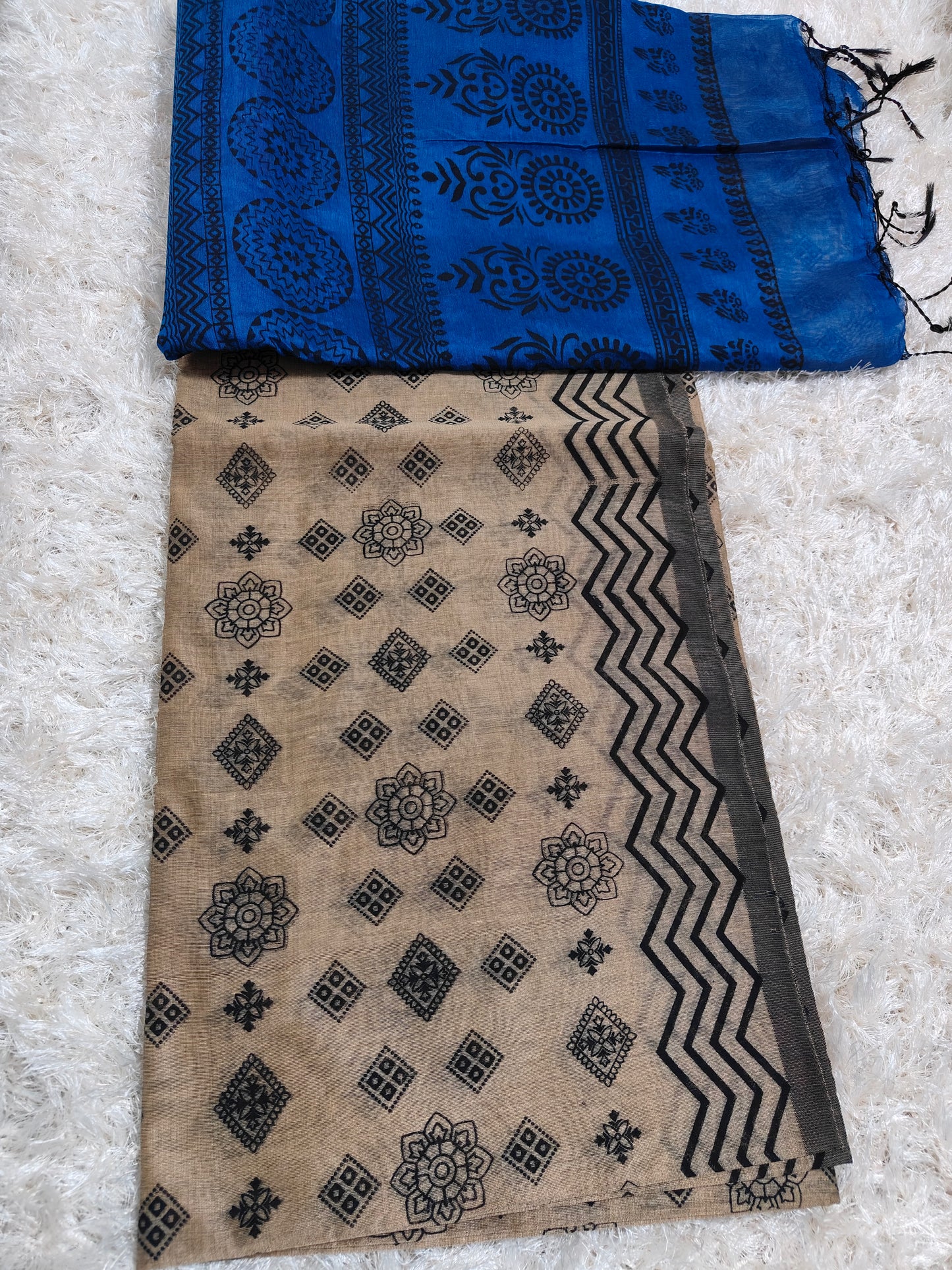 BEIGE & BLUE BANGAL COTTON SILK WITH BLOCK PRINT