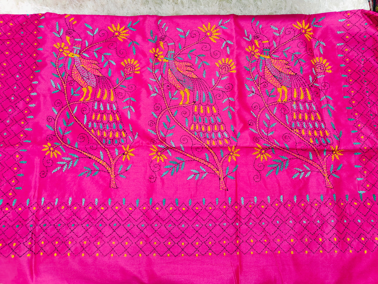 PINK COTTON SILK SAREE WITH KANTHA STICH