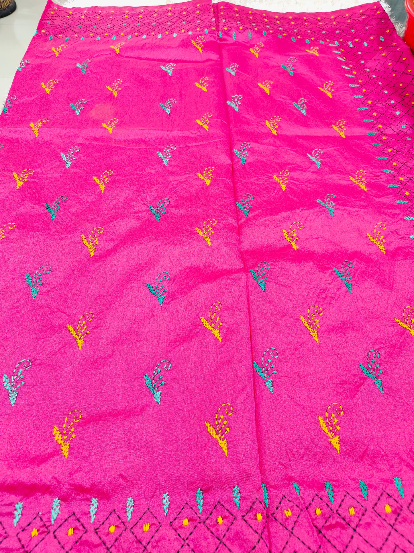 PINK COTTON SILK SAREE WITH KANTHA STICH