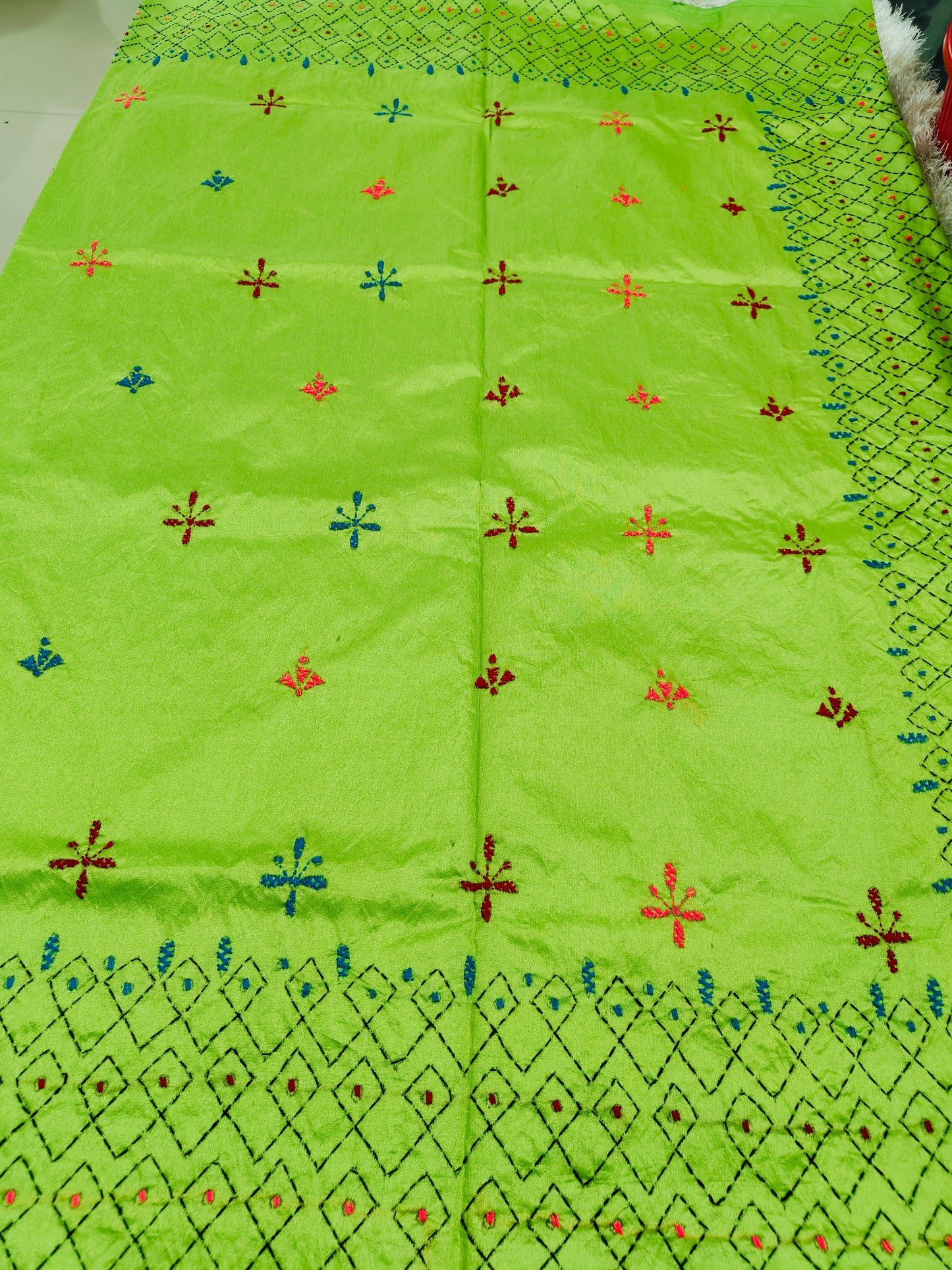 GREEN COTTON SILK SAREE WITH KANTHA STICH