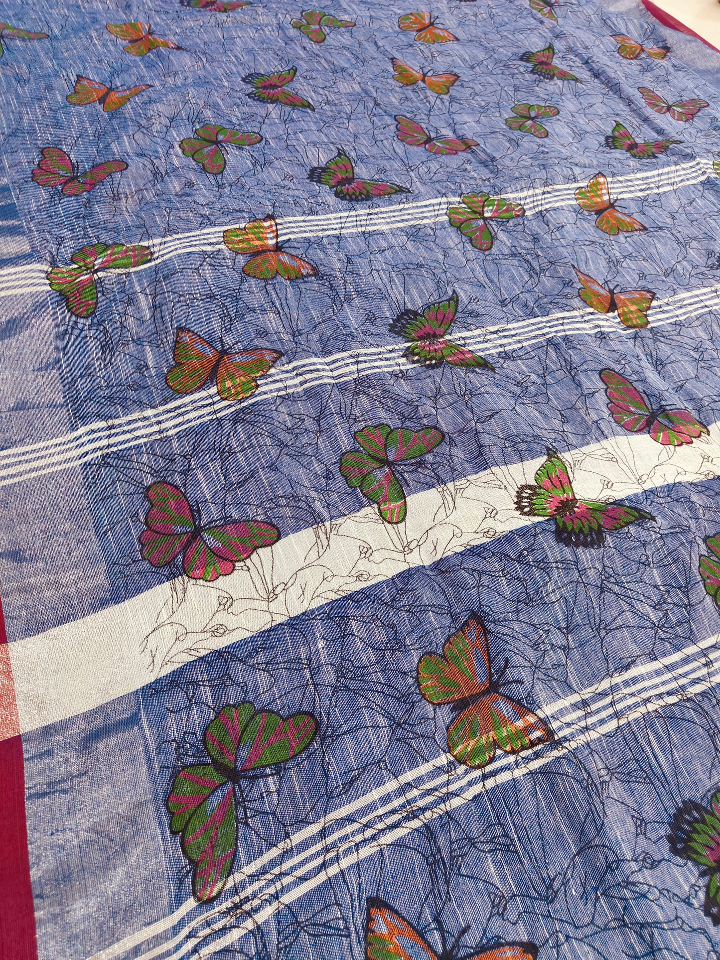 BLUE KHADI COTTON SAREE WITH DIGITAL PRINT