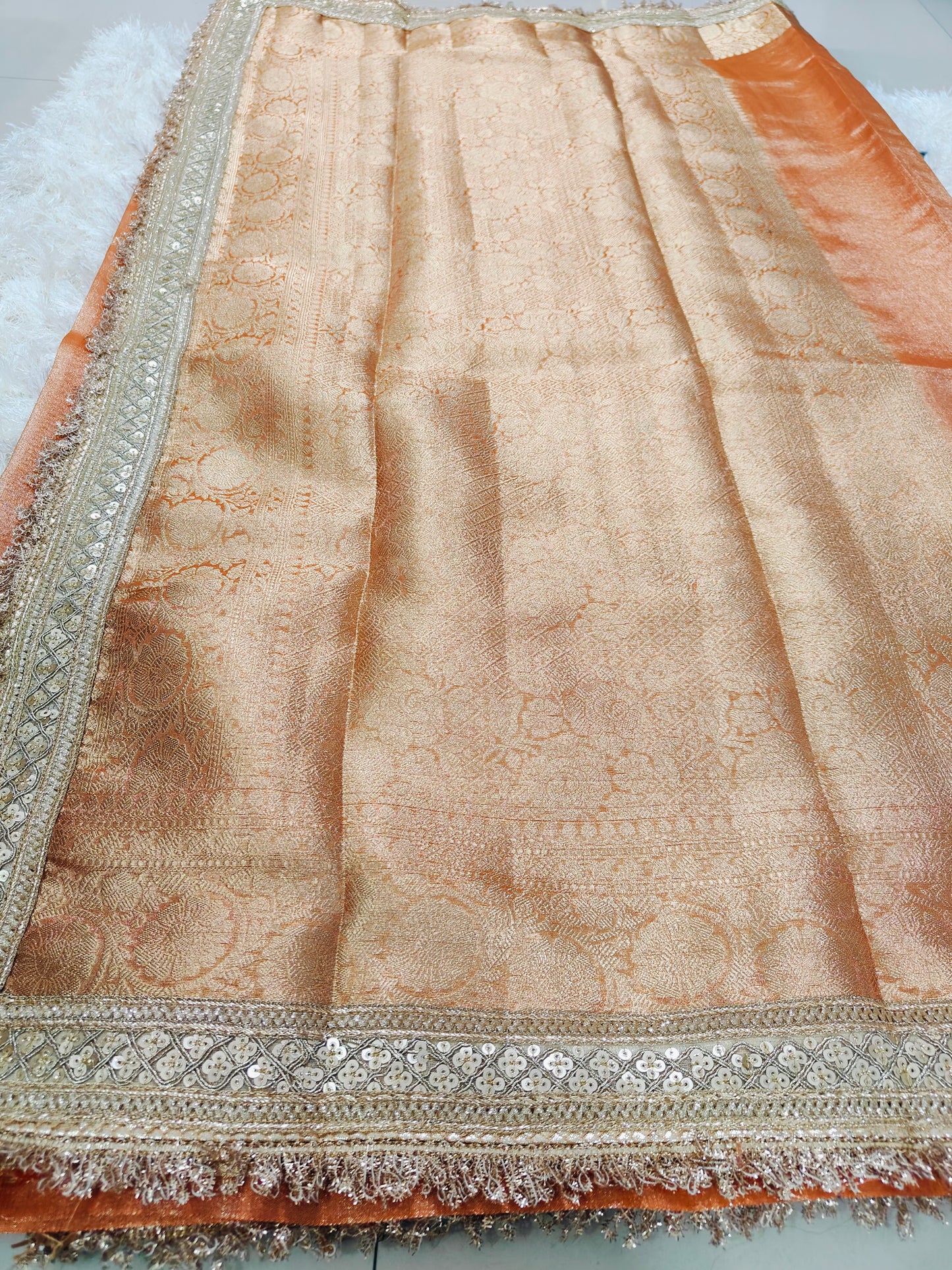 PEACH TISSUE SILK SAREE WITH LACE BORDER