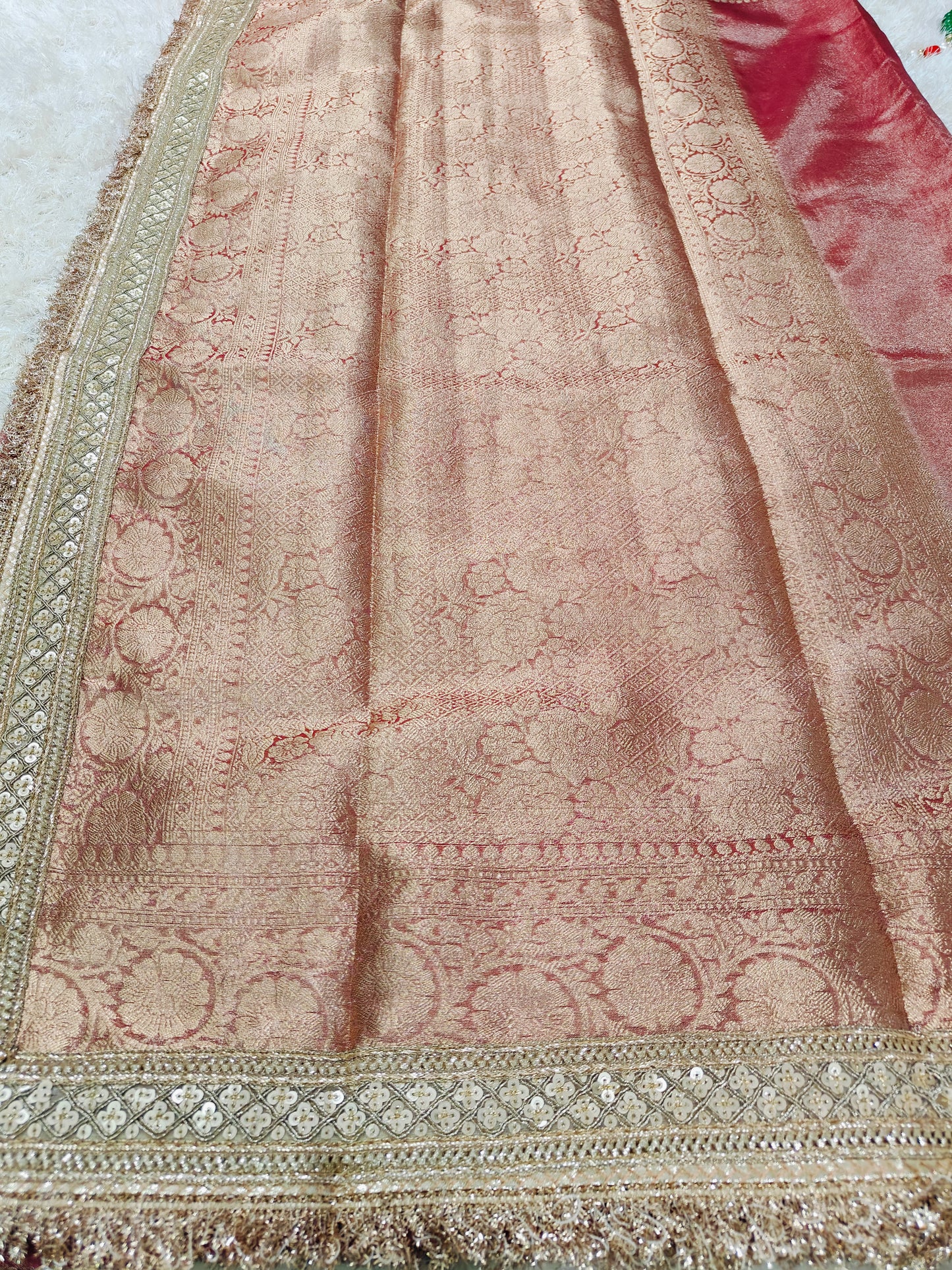 WINE TISSUE KATHBAN SAREE WITH LACE BORDER