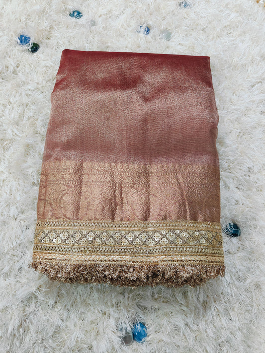 COFFEE BROWN TISSUE KATHBAN SAREE WITH LACE BORDER
