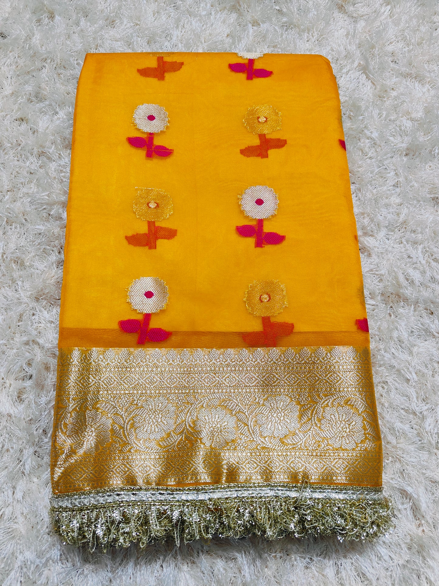 YELLOW KORA ORGANZA MAHARANI SAREE