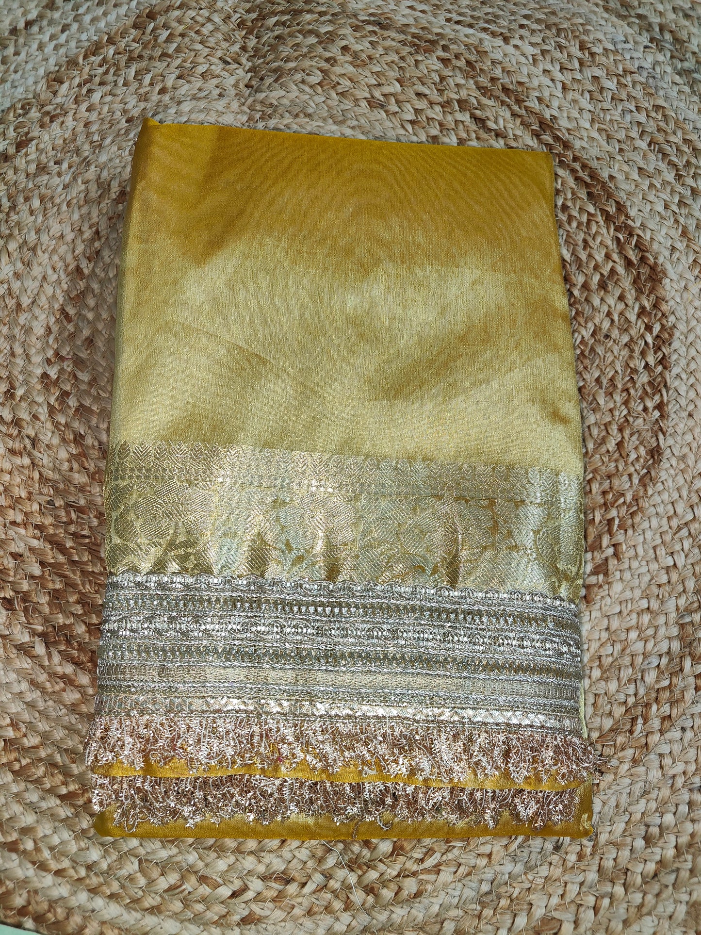 YELLOW TISSUE KATHBAN SAREE WITH LACE BORDER