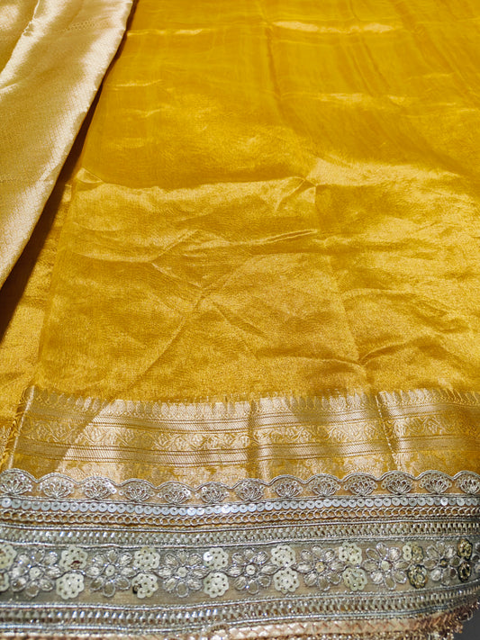 CELEBRITY INSPIRED MUSTARD YELLOW TISSUE KATHBAN SAREE