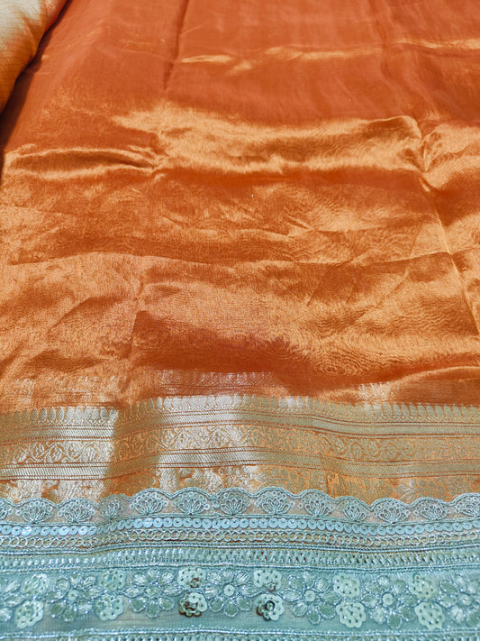 CELEBRITY INSPIRED RUST ORANGE PURE TISSUE KATHBAN SAREE