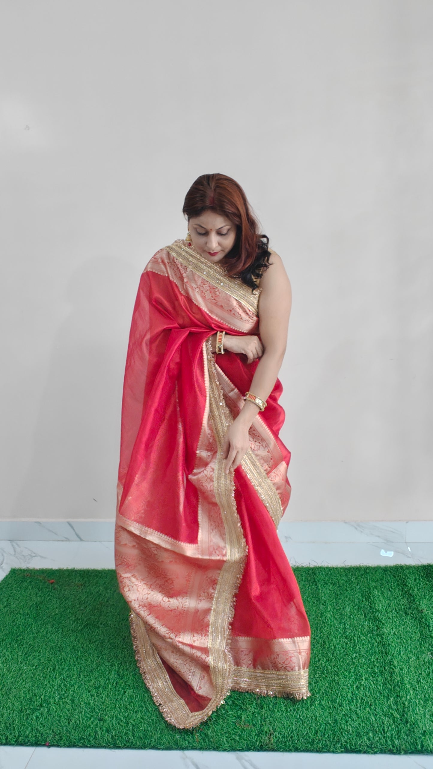RED TISSUE KATHBAN SAREE WITH LACE BORDER