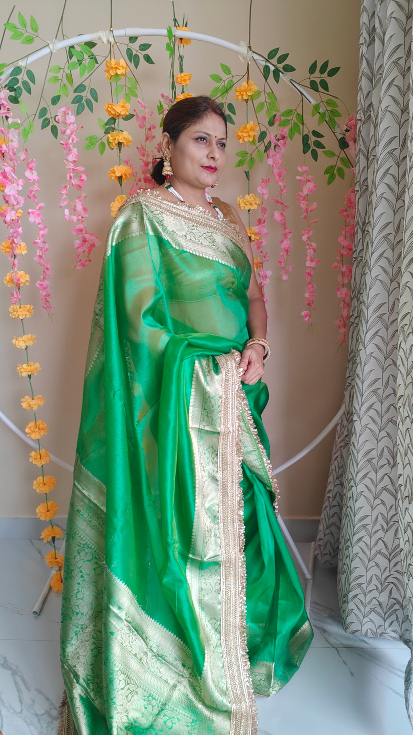 GREEN TISSUE KATHBAN SAREE WITH LACE BORDER