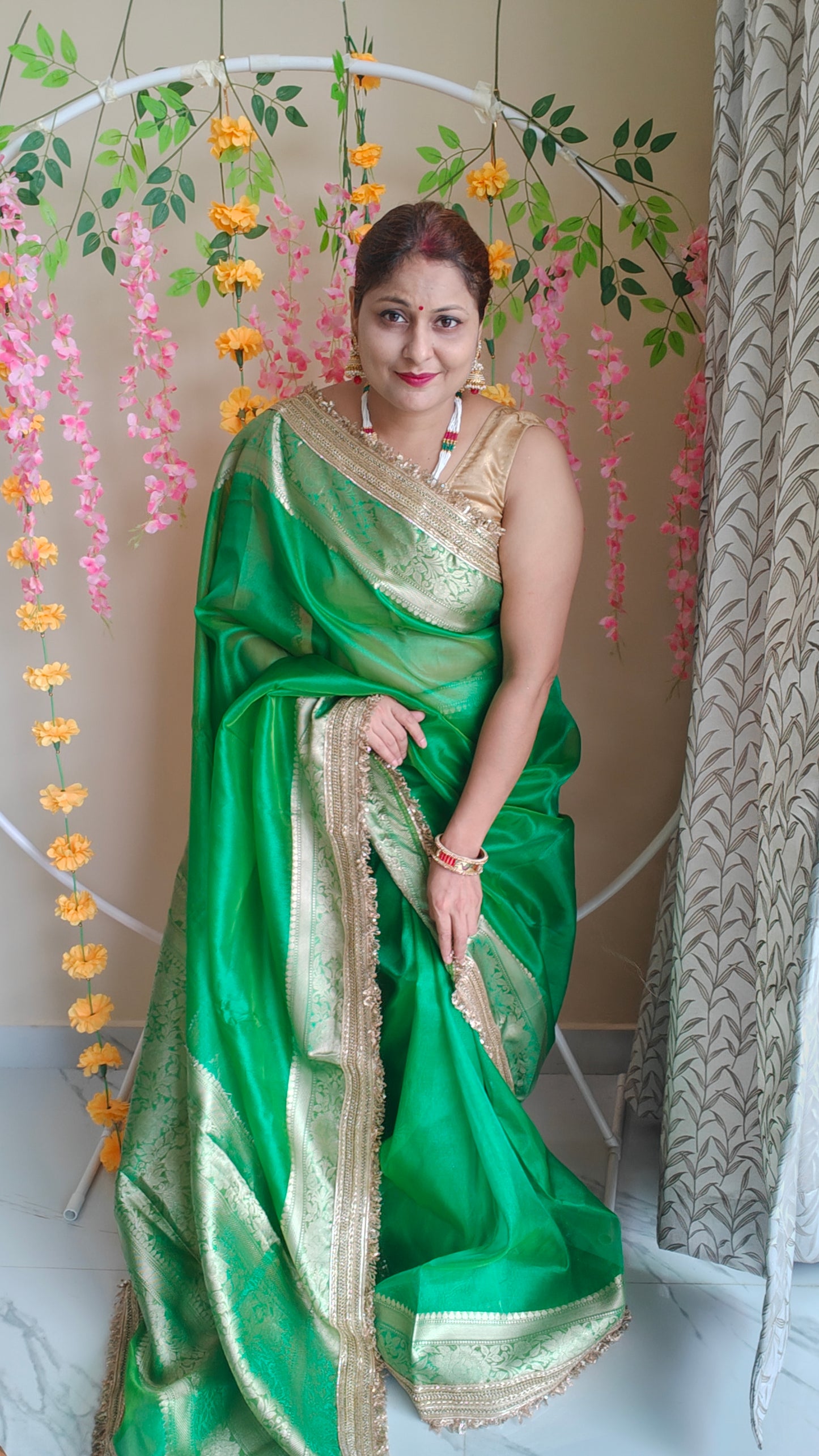 GREEN TISSUE KATHBAN SAREE WITH LACE BORDER
