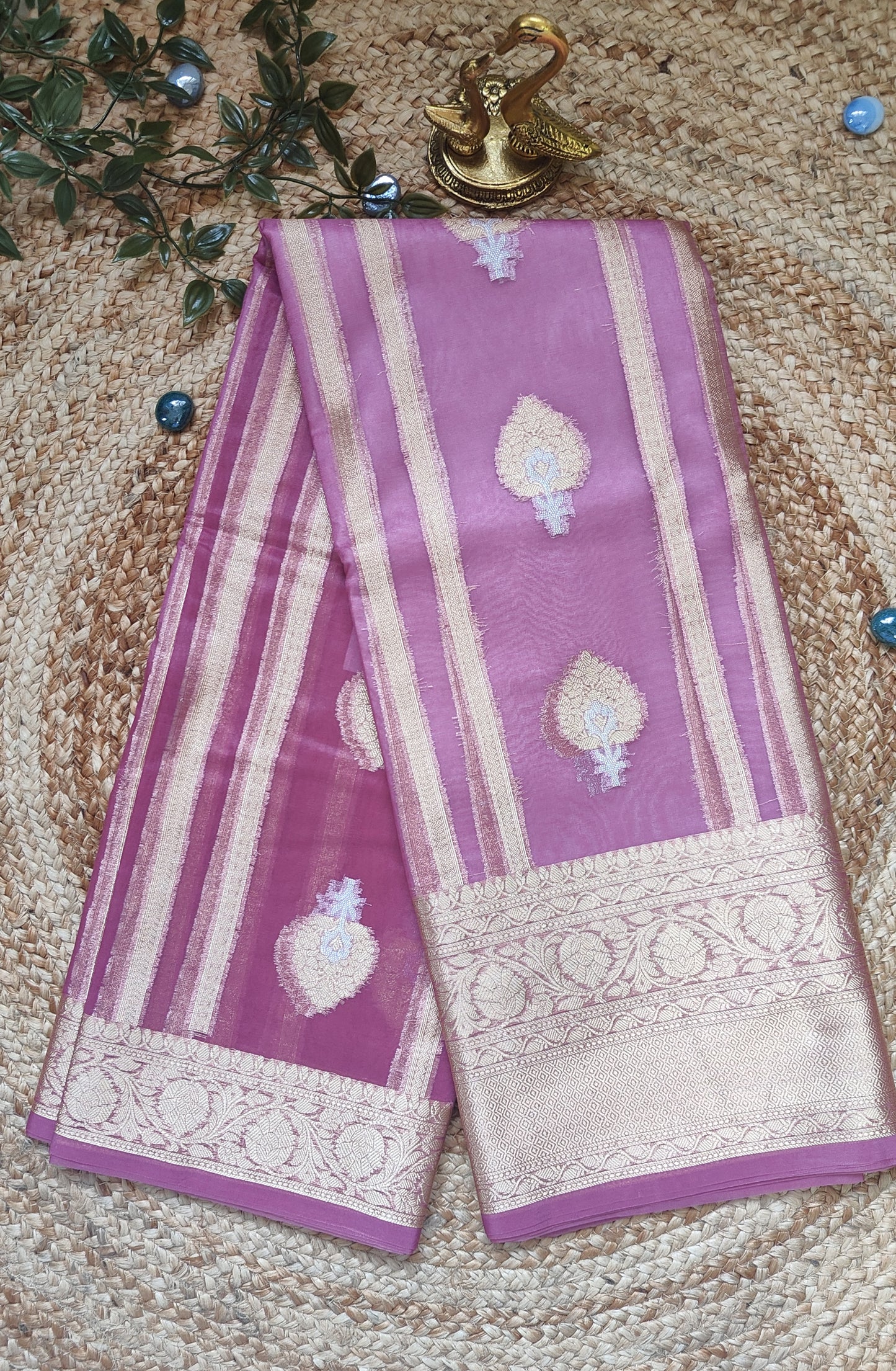 PINK SEMI KORA ORGANZA ZARI STRIPS SAREE