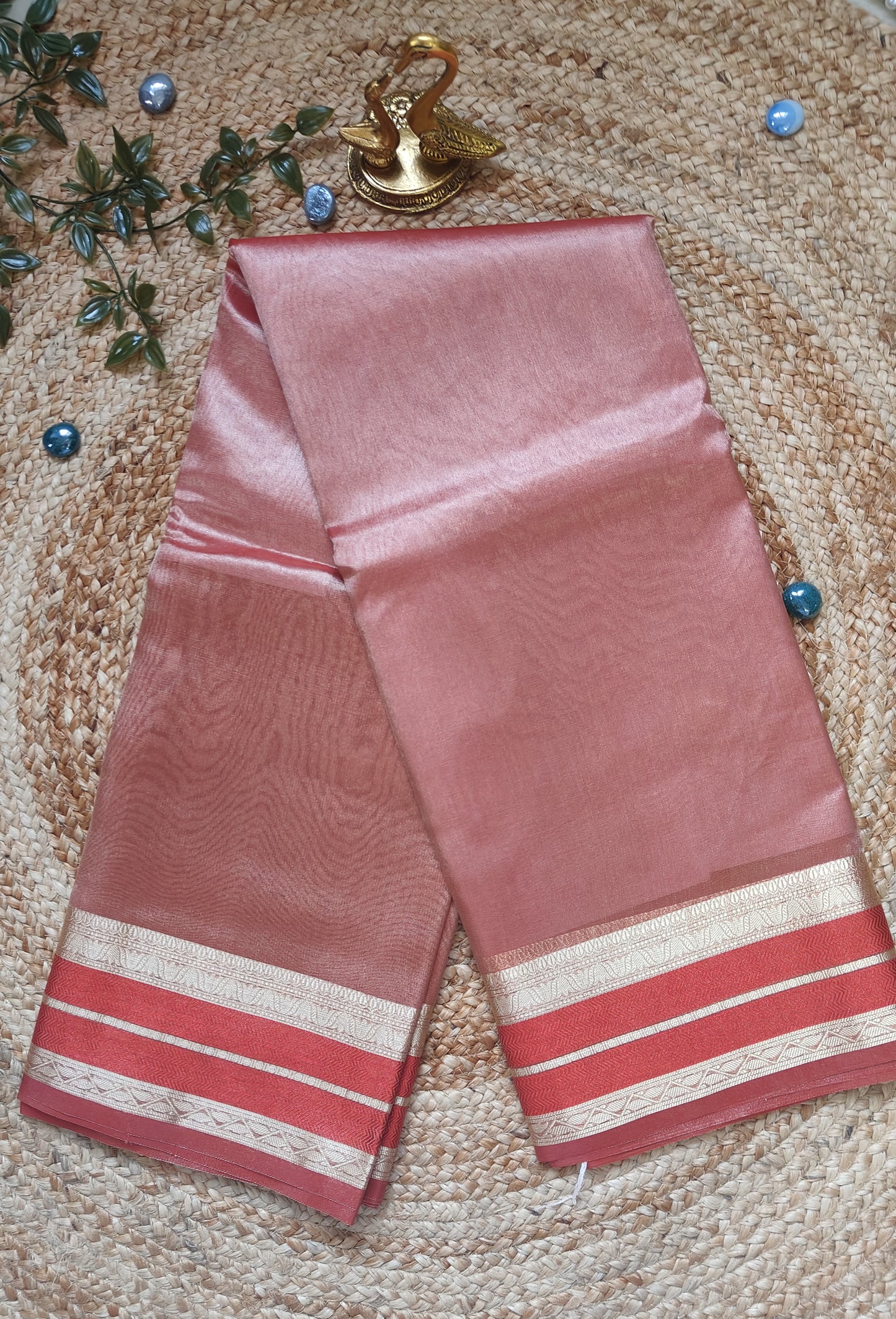 RED SEMI TISSUE SILK SAREE WITH GARHWAL BORDER