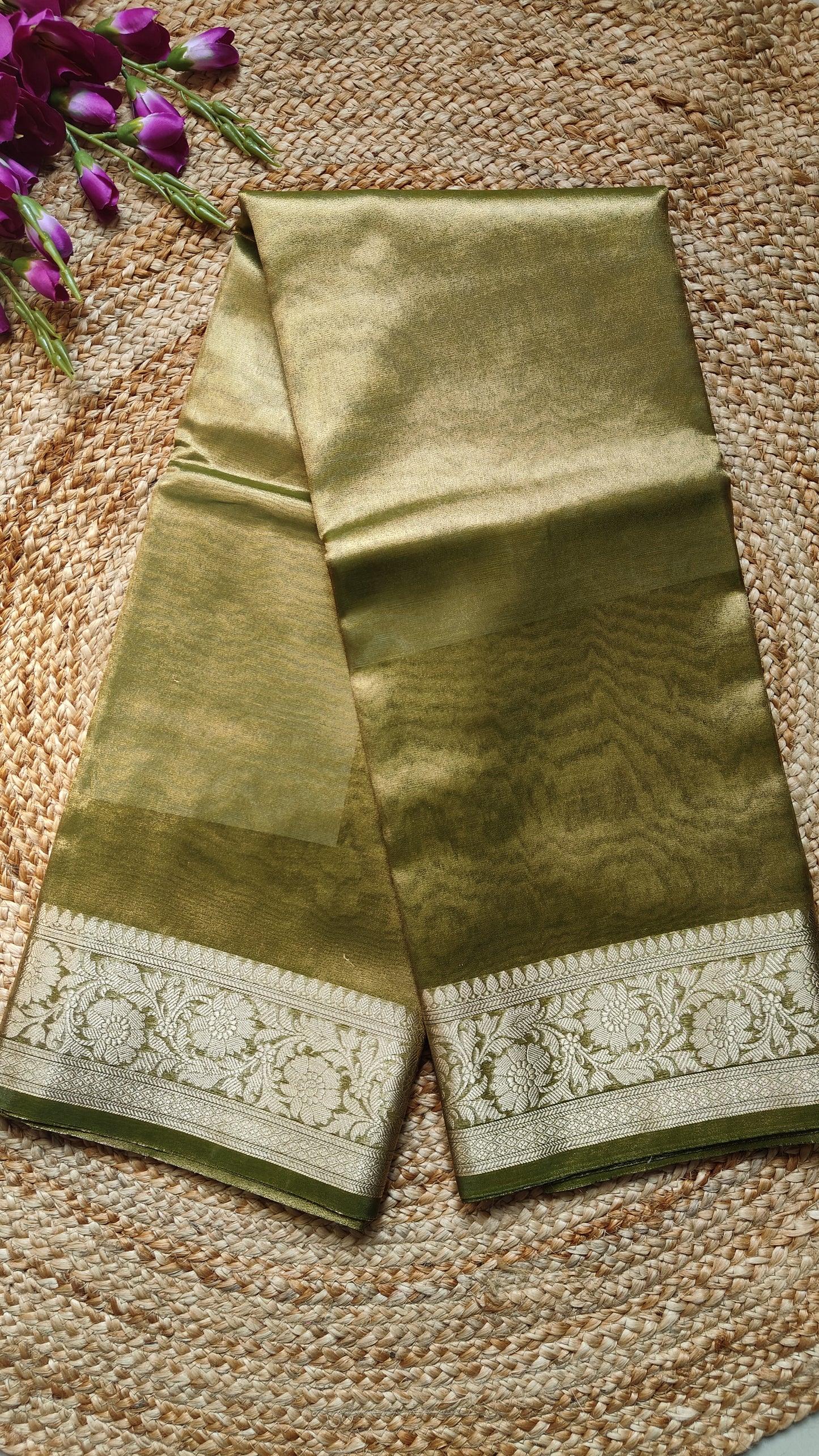 GREEN TISSUE SILK SAREE WITH ZARI WEAVED BORDER